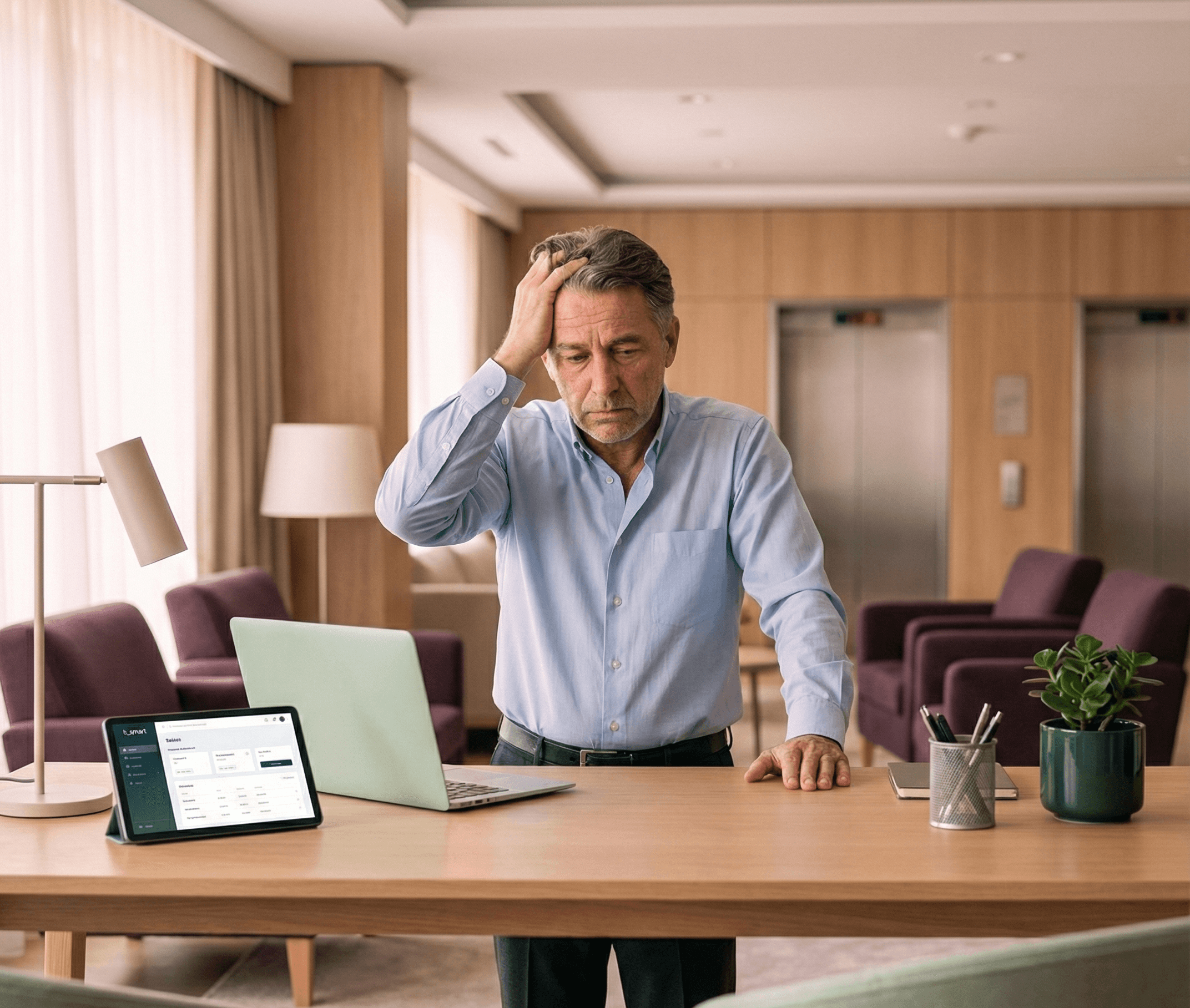 Ein Mann in einem hellblauen Hemd steht besorgt vor einem Laptop in einem modern eingerichteten Hotelbüro.